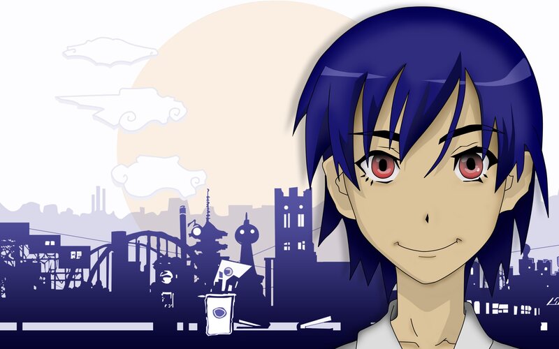 anime character with blue hair