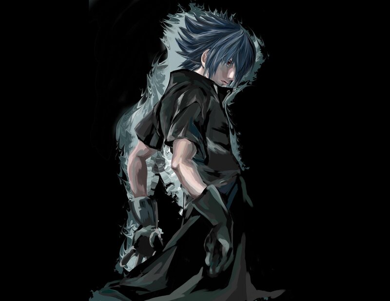 Anime Character with Blue Hair — Black, Dramatic, Digital Art, Black Clothing