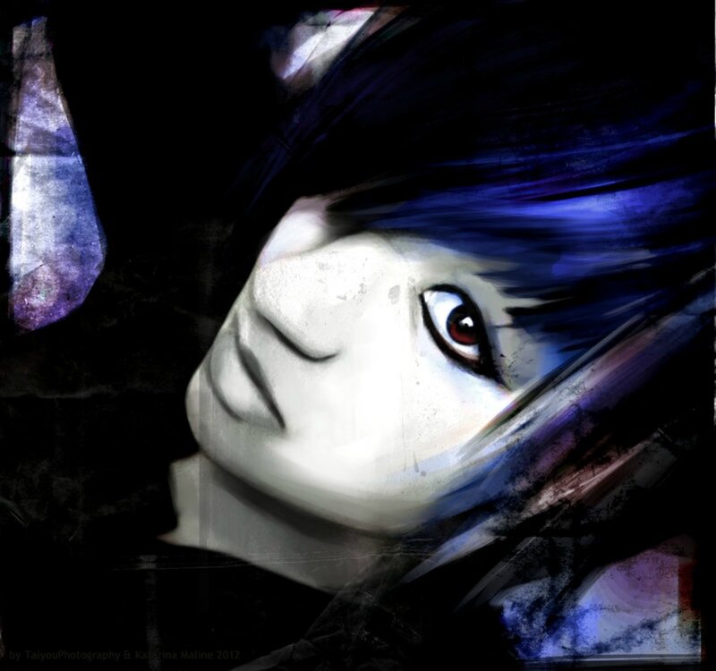 Anime Character with Blue Hair — Black, Dramatic, Digital Art, Blue Hair