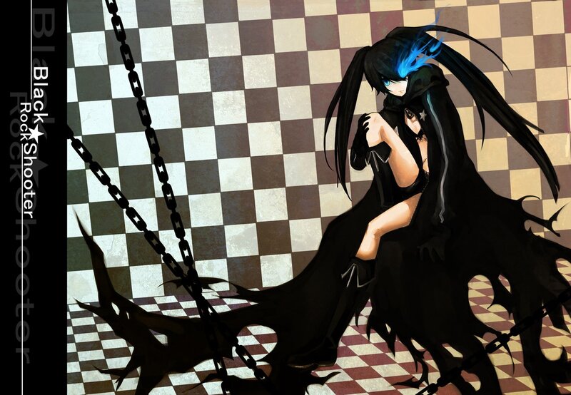 Anime Character with Blue Hair — Black, Dramatic, Digital Art, Chains, Checkered Floor