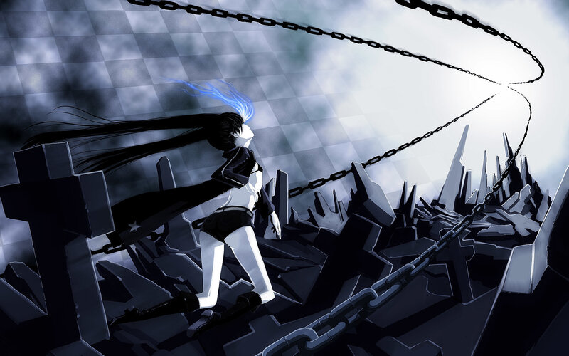 Anime Character with Blue Hair — Black, Dramatic, Digital Art, Chains, Debris