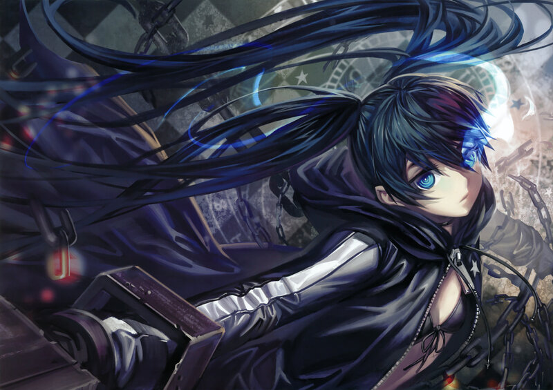 Anime Character with Blue Hair — Black, Dramatic, Digital Art, Chains, Hoodie