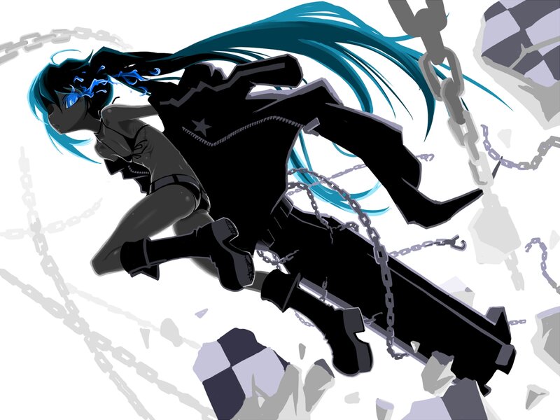Anime Character with Blue Hair — Black, Dramatic, Digital Art, Chains, Shattered Blocks