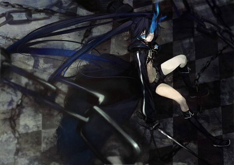 Anime Character with Blue Hair — Black, Dramatic, Digital Art, Chains, Sword, Checkered Floor