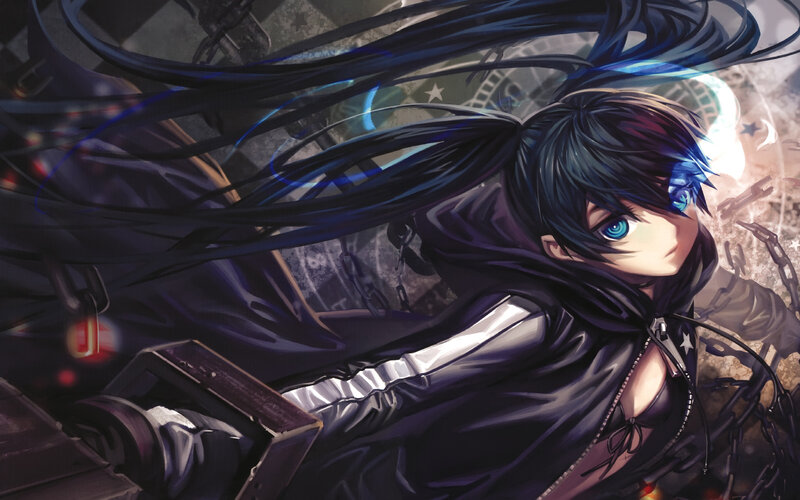 Anime Character with Blue Hair — Black, Dramatic, Digital Art, Chains