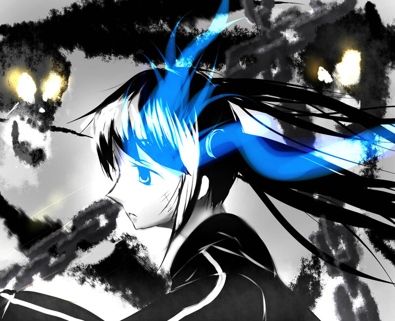 Anime Character with Blue Hair — Black, Dramatic, Digital Art