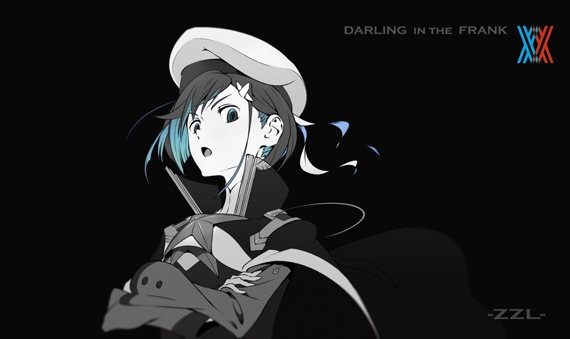 Anime Character with Blue Hair — Black, Dramatic, Hat