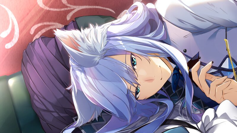 Anime Character with Blue Hair — Calm, Digital Art, Cat Ears, Pillow