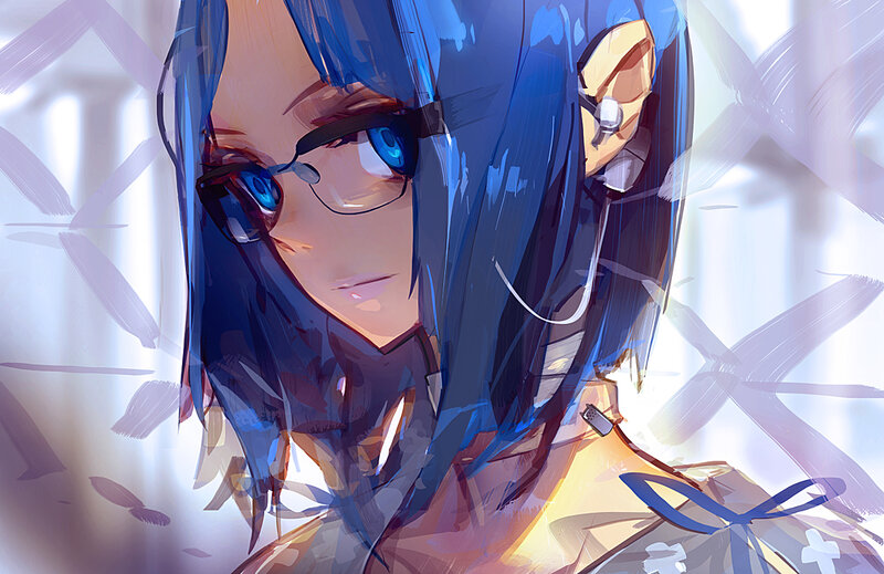 Anime Character with Blue Hair — Calm, Digital Art, Glasses