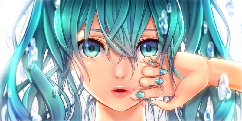 Anime Character with Blue Hair — Calm, Digital Art, Hand, Eyes