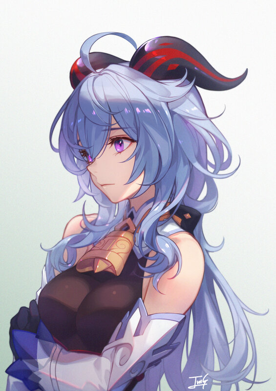 Anime Character with Blue Hair — Calm, Digital Art, Horned Headpiece