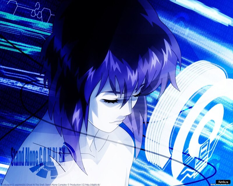 Anime Character with Blue Hair — Dramatic, Binary Code, Digital Interface, Text