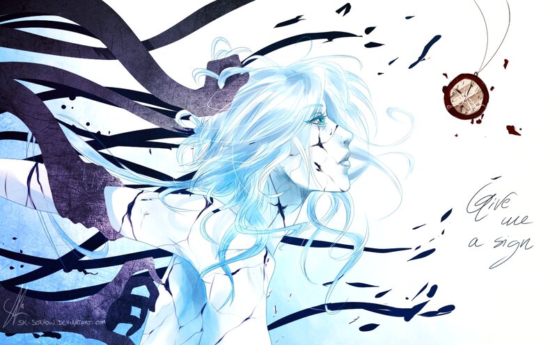 Anime Character with Blue Hair — Dramatic, Digital Art, Clock