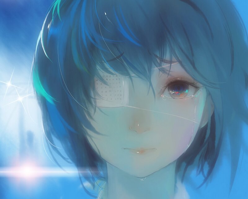Anime Character with Blue Hair — Dramatic, Digital Art, Eye Patch