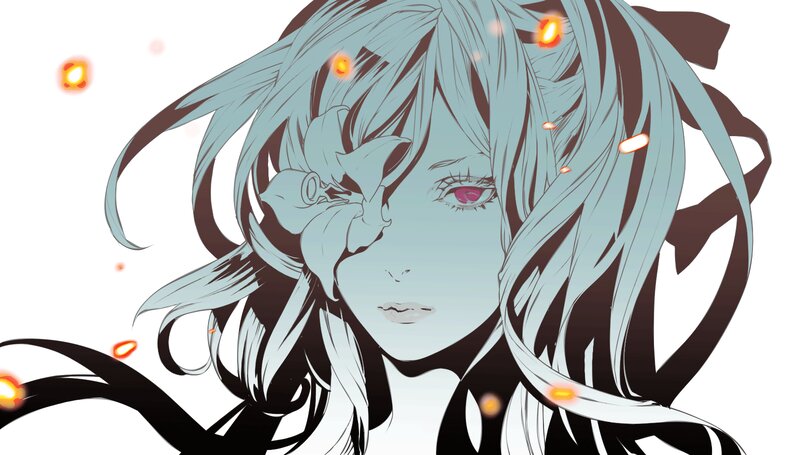 Anime Character with Blue Hair — Dramatic, Digital Art, Fireflies