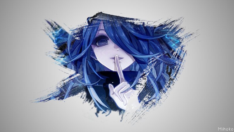Anime Character with Blue Hair — Dramatic, Digital Art, Hand Gesture