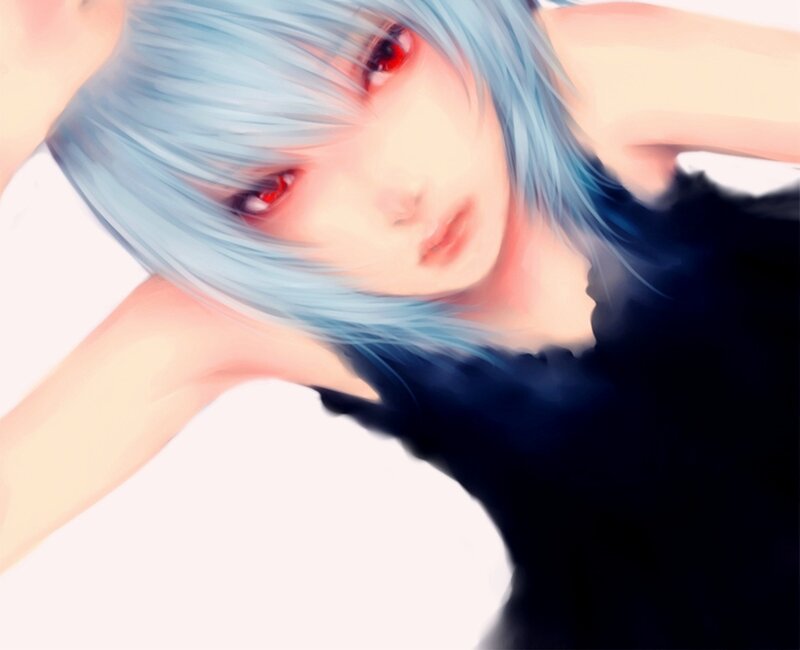 Anime Character with Blue Hair — Dramatic, Digital Art, Red Eyes, Black Top