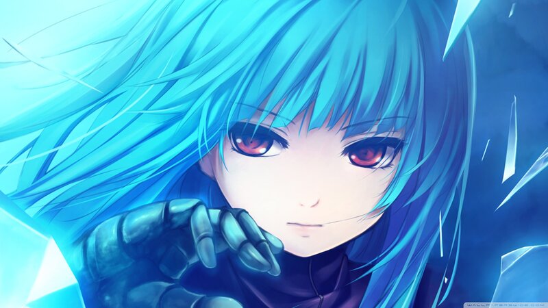 Anime Character with Blue Hair — Dramatic, Digital Art, Red Eyes, Gloved Hand