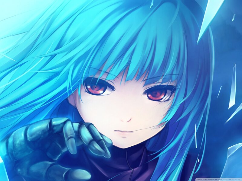 Anime Character with Blue Hair — Dramatic, Digital Art, Red Eyes, Mechanical Hand, Shards