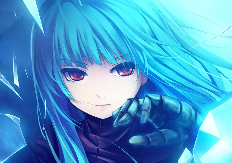 Anime Character with Blue Hair — Dramatic, Digital Art, Red Eyes, Mechanical Hand