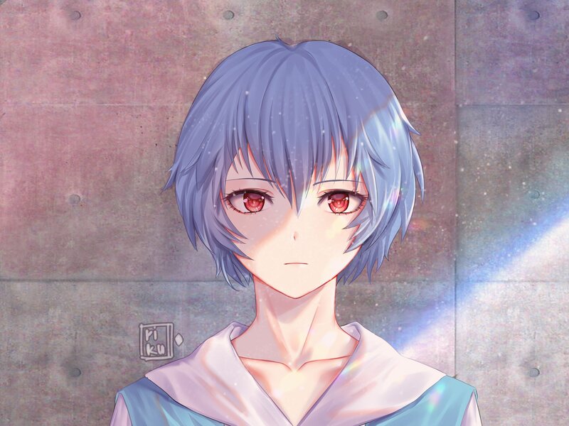 Anime Character with Blue Hair — Dramatic, Digital Art, Red Eyes, Sailor Collar