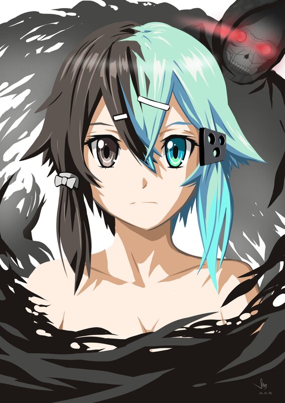 Anime Character with Blue Hair — Dramatic, Digital Art, Skull Figure