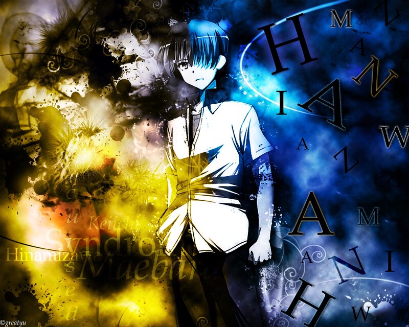 Anime Character with Blue Hair — Dramatic, Digital Art, Text, Splatter