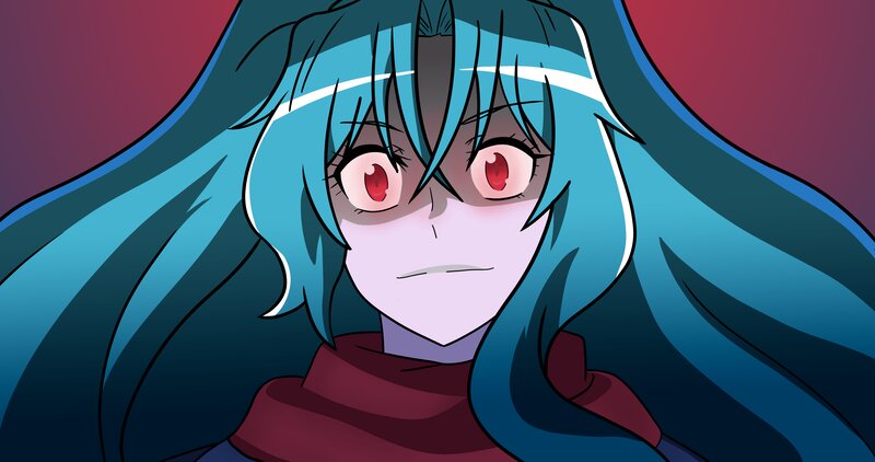 Anime Character with Blue Hair — Dramatic, Manga, Red Eyes, Scarf