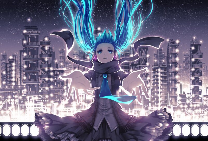 Anime Character with Blue Hair — Dramatic, Night, Digital Art, Cityscape, Night Sky, Lights