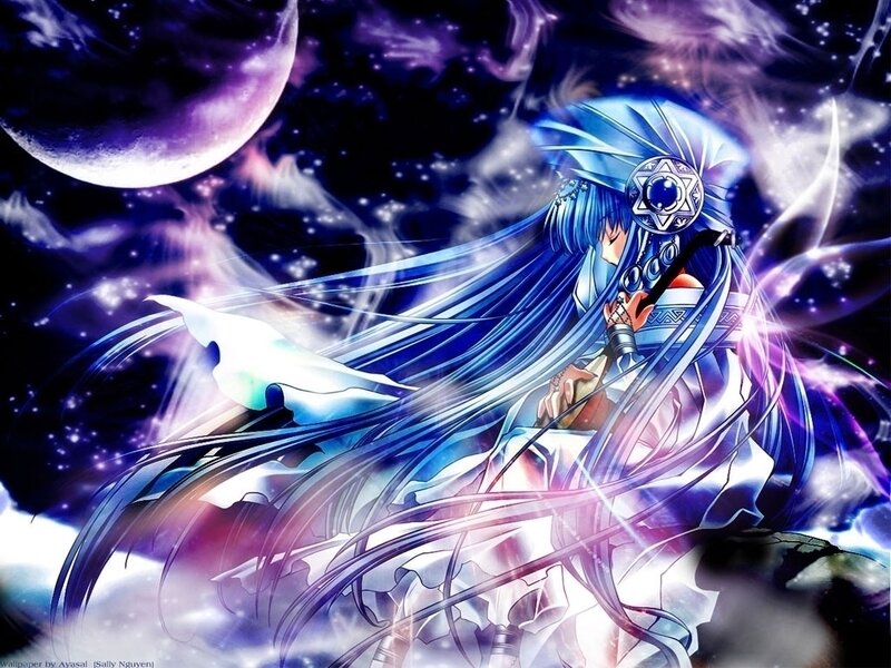 Anime Character with Blue Hair — Dramatic, Night, Digital Art, Moon
