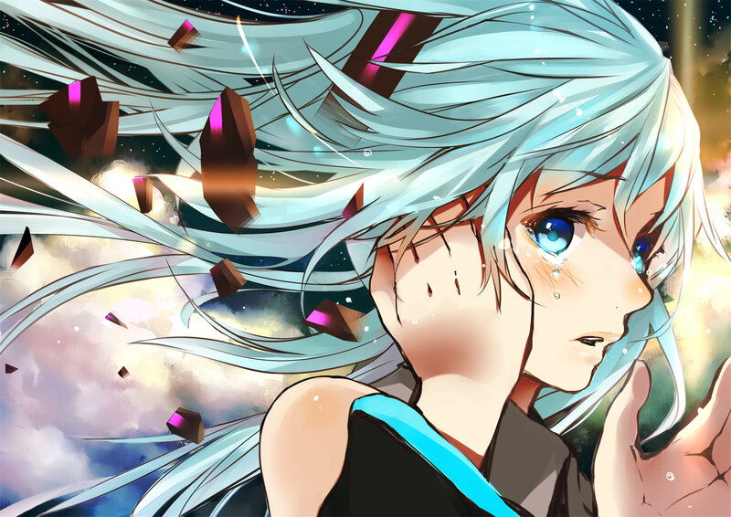 Anime Character with Blue Hair — Dramatic, Night, Digital Art, Tears