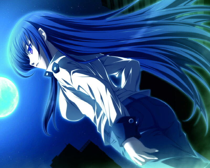 Anime Character with Blue Hair — Dramatic, Night, Moon, Cityscape