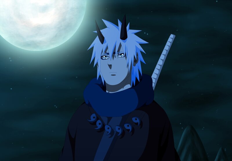 Anime Character with Blue Hair — Dramatic, Night, Moon, Sword
