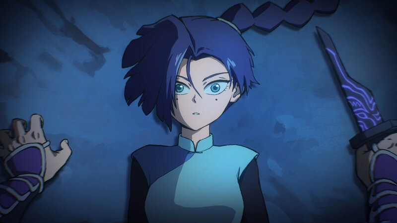 Anime Character with Blue Hair — Dramatic, Night, Sword