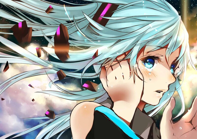 Anime Character with Blue Hair — Dramatic, Night, Tears