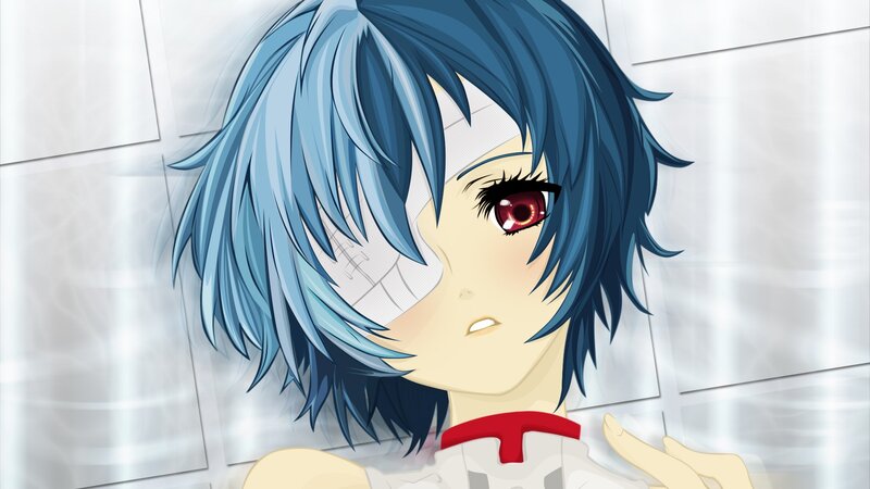 Anime Character with Blue Hair — Dramatic, Red Eyes, Bandage