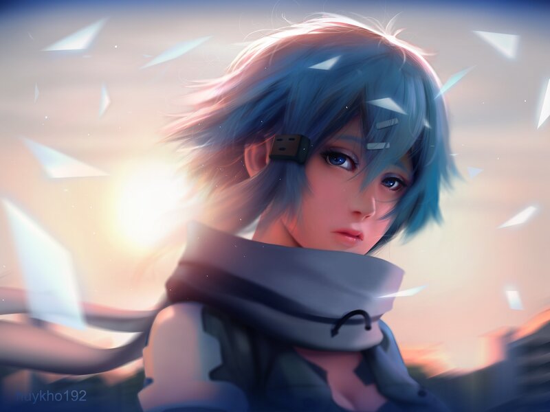 Anime Character with Blue Hair — Dramatic, Sunset, Digital Art, Scarf