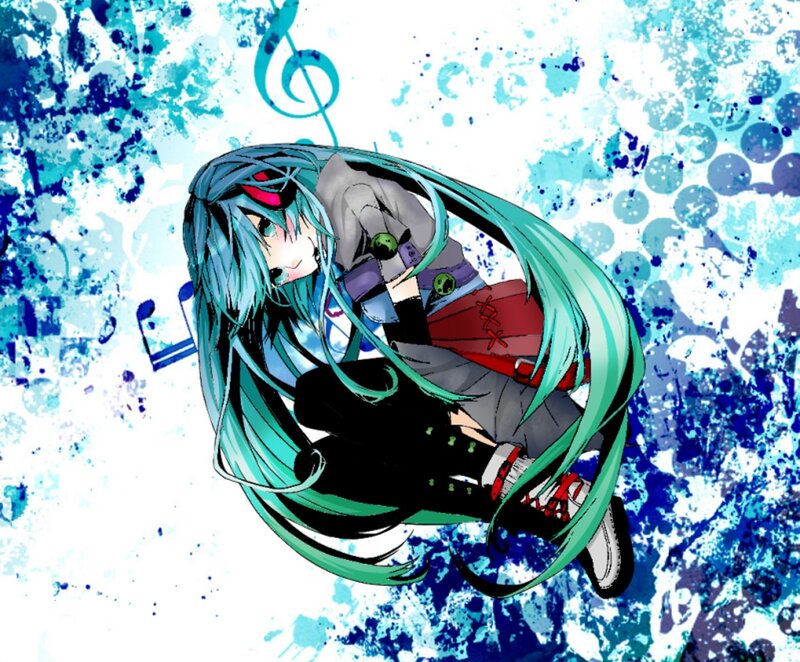 Anime Character with Blue Hair — Dynamic, Digital Art, Music Notes, Splatter Background