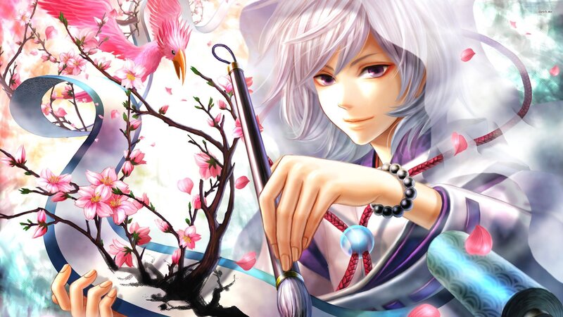 Anime Character with Brush — White, Serene, Spring, Digital Art, Cherry Blossoms