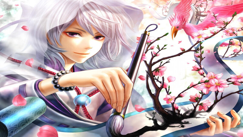 Anime Character with Brush — White, Serene, Spring, Digital Art