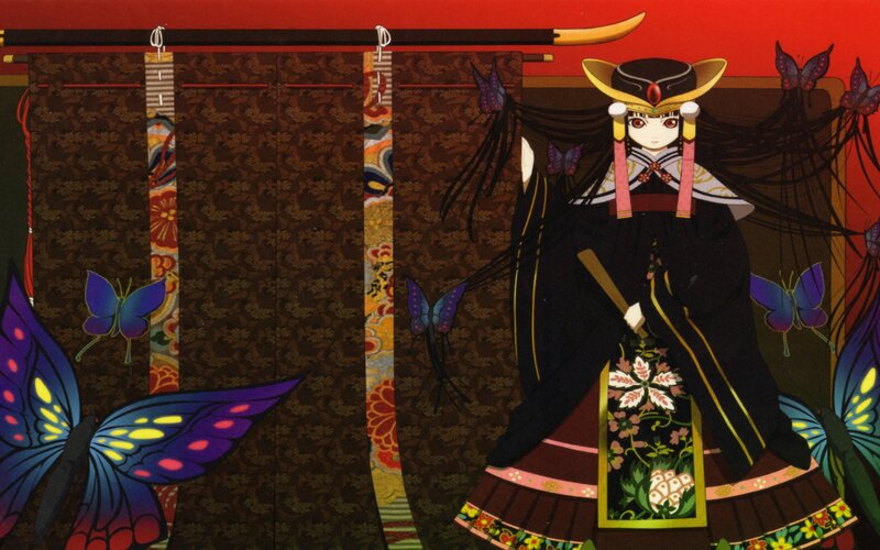 Anime Character with Butterflies — Black, Dramatic, Curtain