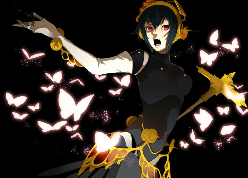 Anime Character with Butterflies — Black, Dramatic, Night
