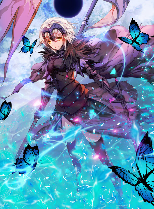 Anime Character with Butterflies — Blue, Dramatic, Digital Art, Sword