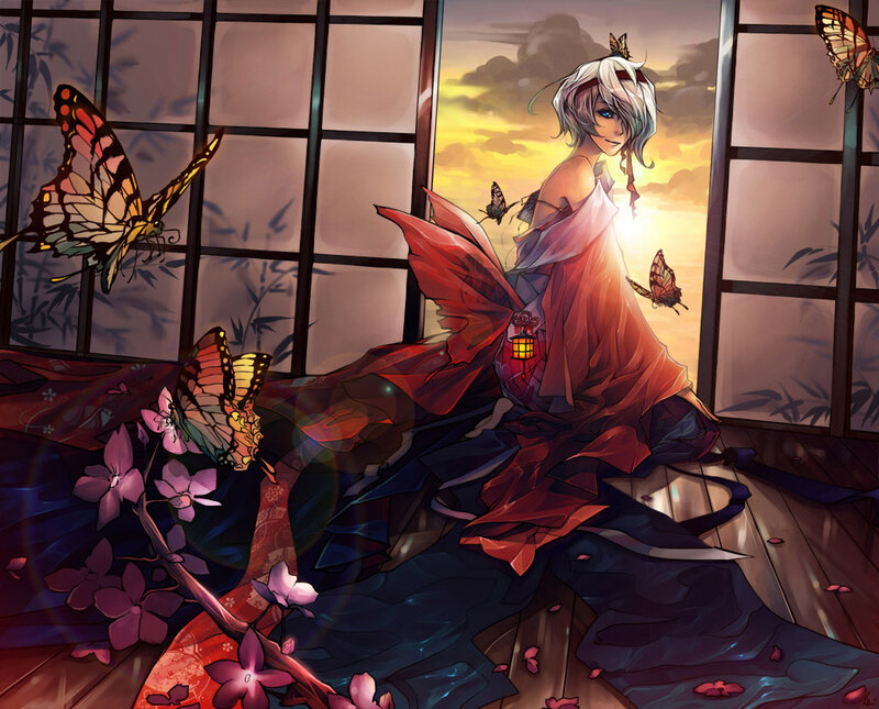 Anime Character with Butterflies — Red, Serene, Sunset
