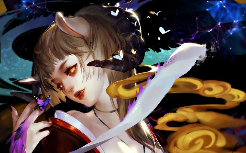 Anime Character with Butterfly — Black, Dramatic, Night