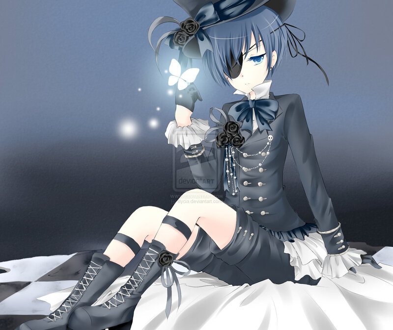 Anime Character with Butterfly — Blue, Dramatic, Digital Art