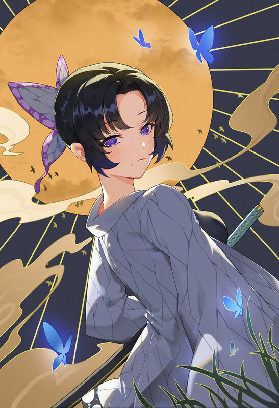 Anime Character with Butterfly — Purple, Dramatic, Night, Digital Art, Sword