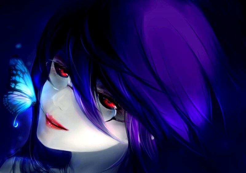 Anime Character with Butterfly — Purple, Dramatic, Night, Digital Art