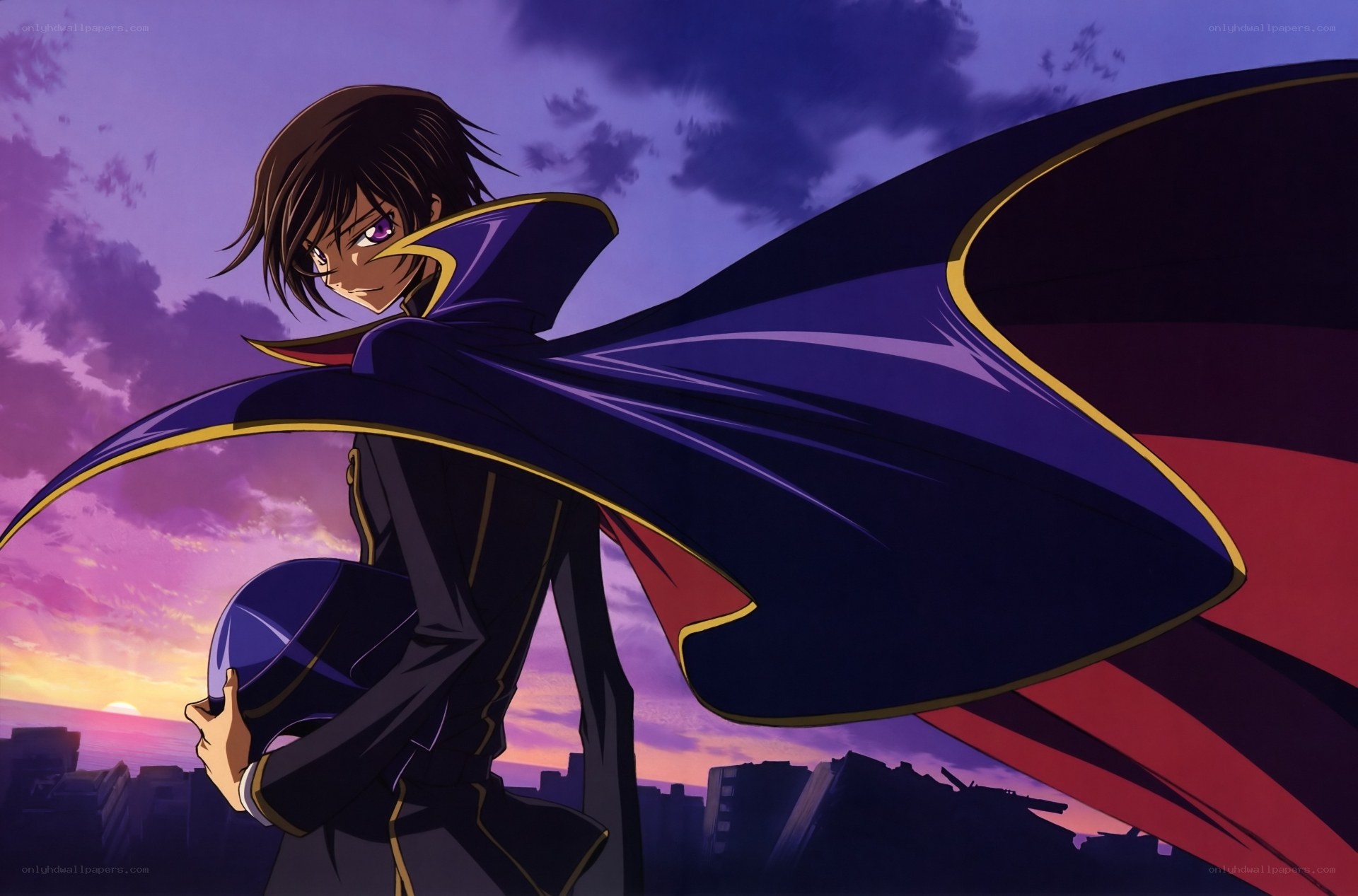anime character with cape at sunset
