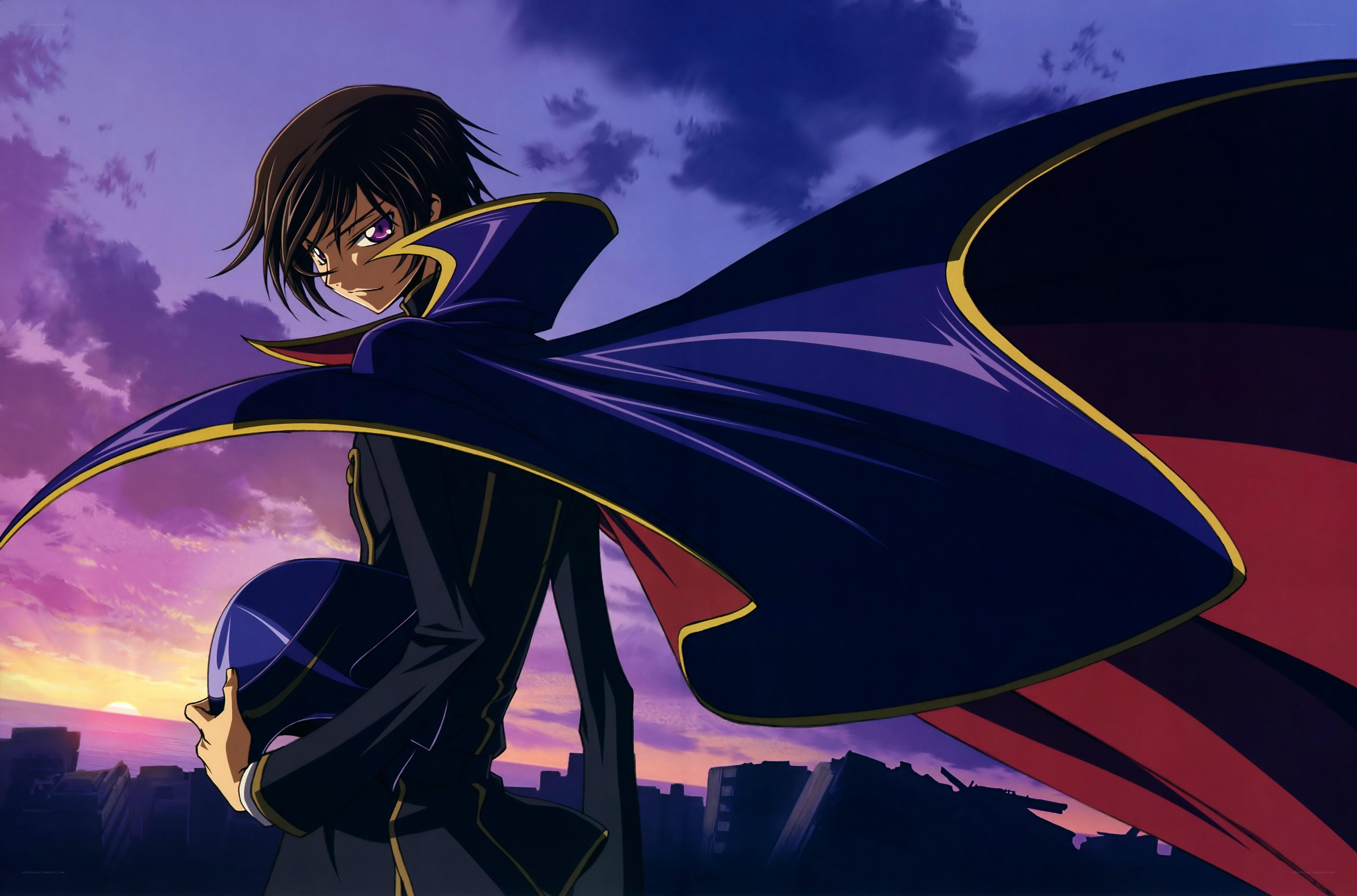 anime character with cape at sunset